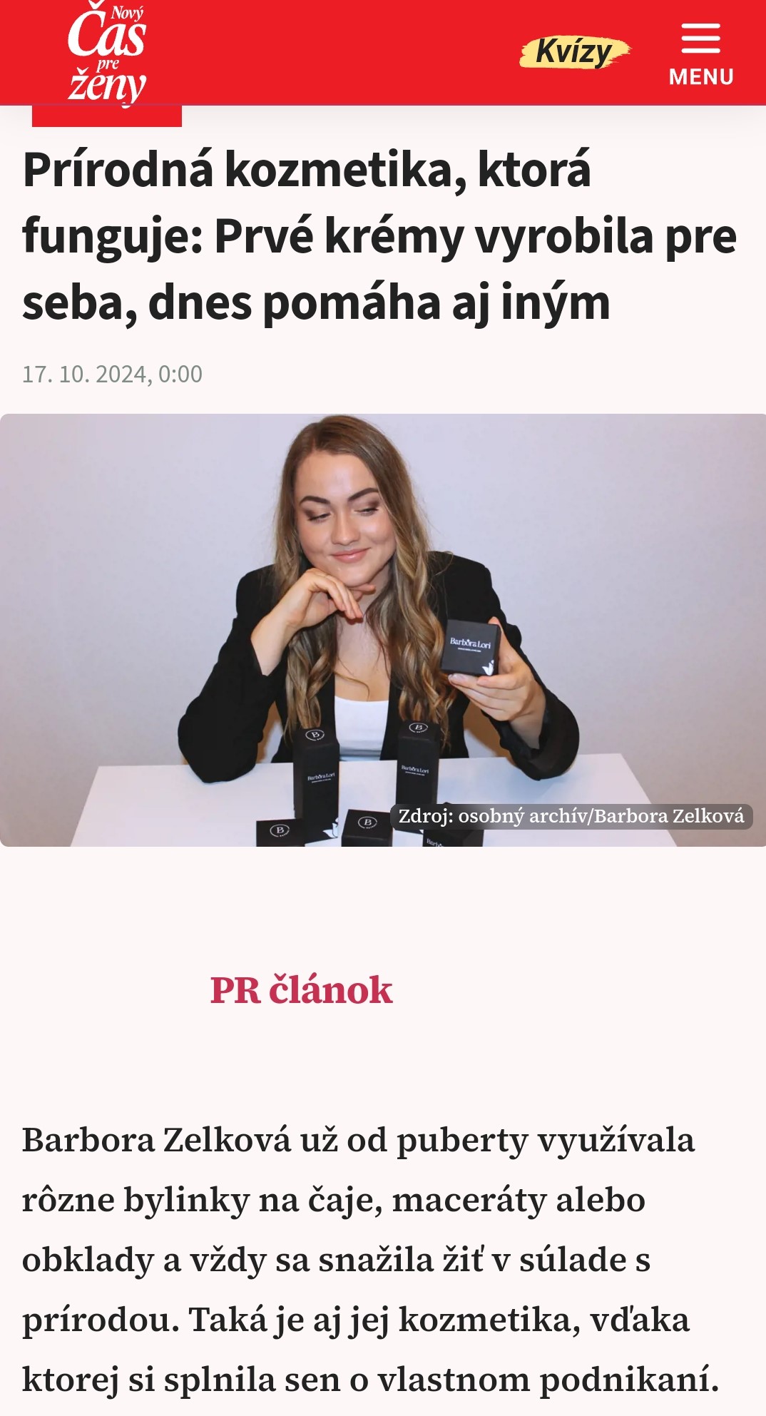 1. slovenska prírodná probioticka kozmetika Barbora Lori, dennik Novy cas pre zeny clanok